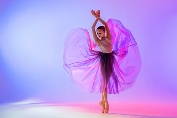Beautiful young girl ballerina in pointe shoes and pink leotard silhouette on bright blue background.