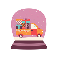 Glass ball with festive truck with gifts for Christmas and New Year. Snowing. Delivery of gifts. Holiday car. Colorful vector illustration hand drawn isolated