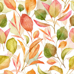 Square seamless pattern with watercolor hand painted golden coloured leaves on white background. Design template for wallpapers and greeting cards