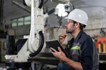 Male automation engineer checking and inspection control a robot arm welding .machine with tablet in an industrial factory. .Artificial intelligence concept.