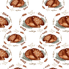 Watercolor woodland animals. Cute sleeping deer with brunches wreath on white background. Use for textile, nursery, wallpapers, wrappers.
