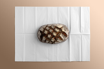 Bread on blank wrapping paper, bakery branding mockup, empty space to display your logo or design.