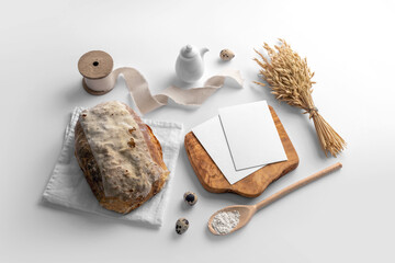 Blank cards on the serving board with bread, bakery branding mockup, empty space to display your...