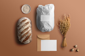 Blank envelope and card with bread, bakery branding mockup, empty space to display your logo or design. - obrazy, fototapety, plakaty