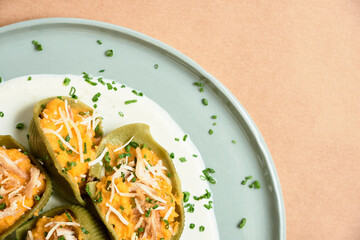 Pasta dish, spinach conchiglioni stuffed with pumpkin and chicken