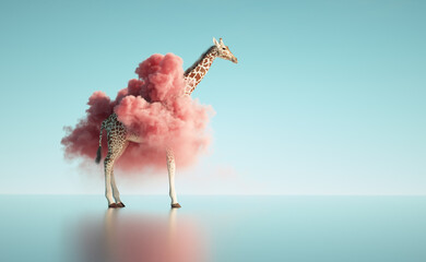 Giraffe with a pink cloud around. - obrazy, fototapety, plakaty