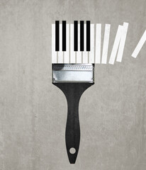 Contemporary art collage, modern design. Retro style. Composition with black and white piano keys, synthesizer isolated on light background