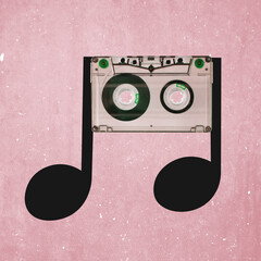 Contemporary art collage, modern design. Composition with drawn black music note. Idea, imagination, aspiration