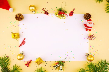 New Year composition. Christmas white background with golden balls. Top view, copy space, flat lay.	
