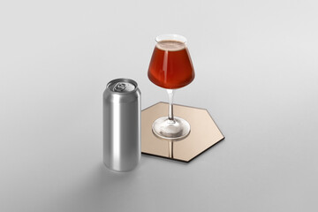 Blank beer can and glass with beer on a mirror, white background, craft beer mockup templates, with...