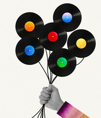 Contemporary art collage, modern design. Retro style. Composition with human hand holding retro vinyl records like air balloons