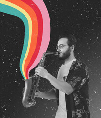 Contemporary art collage, modern design. Retro style. Stylish hipster, man playing saxophone on gray background