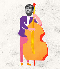 Contemporary art collage, modern design. Retro style. Young sad man playing drawn cello on light...
