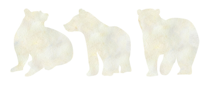 Watercolor winter bear . Abstract wild animal polar bear in the texture snow background for baby poster, christmas card, greeting card, wedding cad, banners, social media stories stikers.