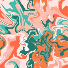 Seamless marble texture pattern. Coral pink emerald liquid acrylic painting background