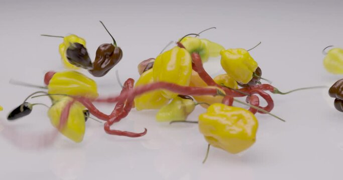 Bunte Chili Bildkomposition mit tanzenden Habaneros, Trinidad, Chocolate, Bolivian Cayenne.