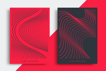 Minimal design brochure layout with wave lines. Cover page. Black and red striped background. Vector
