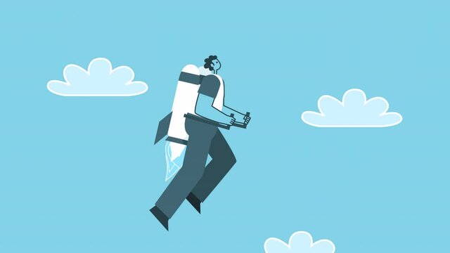Flying Businessman with jet pack. Flat Design Cartoon Character Isolated Loop 2d Animation with Alpha Channel