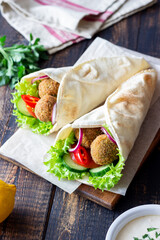 Falafel with vegetables in pita. Healthy eating. Vegetarian food.