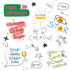 Slogan set isolated on background. Trendy hand drawn typography for web site, label, poster, placard and t shirt print template. Creative kids painting art concept, vector illustration