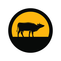 Cow, black and yellow colors, round sign for design on a white background, vector illustration