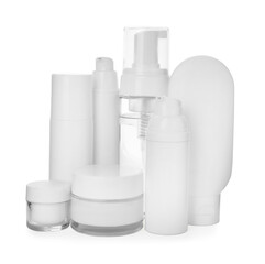 Many different cosmetics products on white background