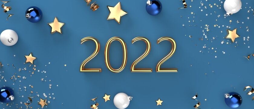 2022 New Year celebration theme with Christmas baubles and stars - 3D render