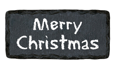 Merry Christmas on slate board  isolated against white background