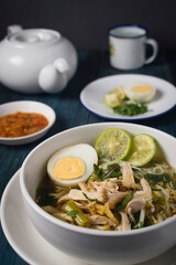 Chicken Soto or Soto Ayam in Indonesia. Soto ayam is a traditional Indonesian dish which uses ingredients such as chicken, vermicelli, bean sprout with turmeric as main ingredient add in the broth.