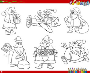 cartoon Santa Claus characters set coloring book page