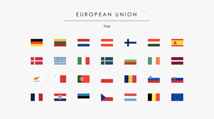 Fototapeta na wymiar European Union flat flags illustration. Set of European Union flags, rectangular icons, European countries, and emblem vector. National sign of state icon isolated on white. Political design elements
