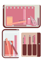 暖色パステルカラーの文房具が収納されたクリアケースと、筆記用具が入ったペンケースのセット※（クリアケースの半透明感を出すためにマスク機能を使っています。外せばくっきりとなります）