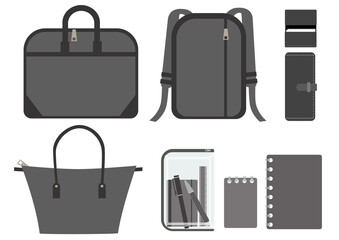 3種類のモノトーンなバッグと、文房具やカードケース、財布などのバッグの中身のセット