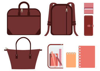 3種類の暖色系バッグと、文房具やカードケース、財布などのバッグの中身のセット