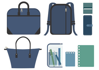 3種類の寒色系バッグと、文房具やカードケース、財布などのバッグの中身のセット
