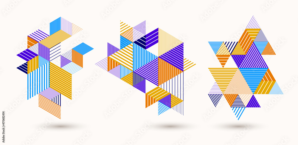 Poster line design 3d cubes and triangles abstract backgrounds set, polygonal low poly isometric retro styl