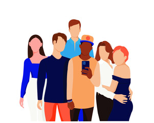 Stylish young people take a selfie. Happy young friends. Vector illustration isolated on white background 