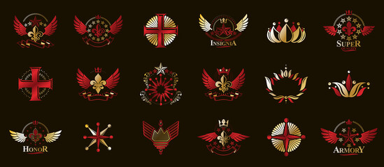 Heraldic Coat of Arms vector big set, vintage antique heraldic badges and awards collection, symbols in classic style design elements, family or business logos.