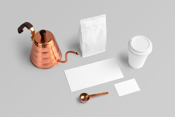 Blank coffee packaging, with the card, paper coffee cup, business card, copper pot, spoon, coffee...