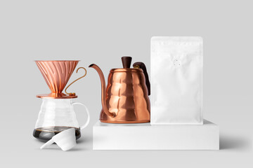 Blank coffee packaging container with a copper pot, dripper, front view, coffee packaging mockup...