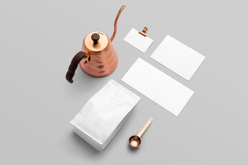 Blank coffee packaging with different white cards, copper spoon and pot coffee packaging mockup...