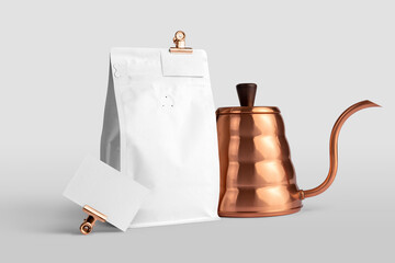 Blank coffee packaging with a business card, greeting card, copper pot, coffee packaging mockup...