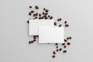 Blank business card mockups with coffee seeds on white background,  coffee packaging mockup with...