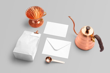 Blank coffee packaging, with card, envelope, copper pot, dripper, spoon, coffee packaging mockup...