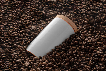 Blank coffee container mockup on coffee seeds background, coffee packaging mockup with empty space...