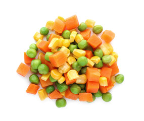 Mix of fresh vegetables on white background, top view