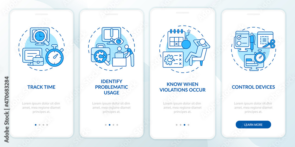 Poster benefit of employee monitoring blue onboarding mobile app page screen. work tracking walkthrough 4 s