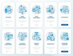 Employee monitoring blue onboarding mobile app page screen. Work tracking walkthrough 5 steps graphic instructions with concepts. UI, UX, GUI vector template with linear color illustrations
