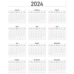 English calendar for 2024. Week starts on Sunday. Vector illustration.