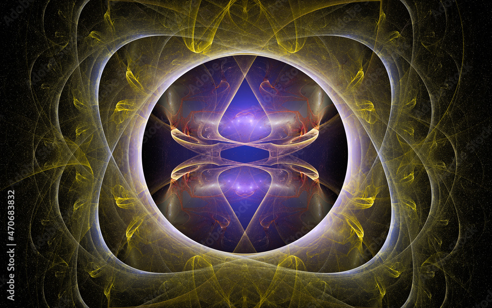 Poster abstract illustration of a computer generated fantastic emblem in various shapes and shades on a bla